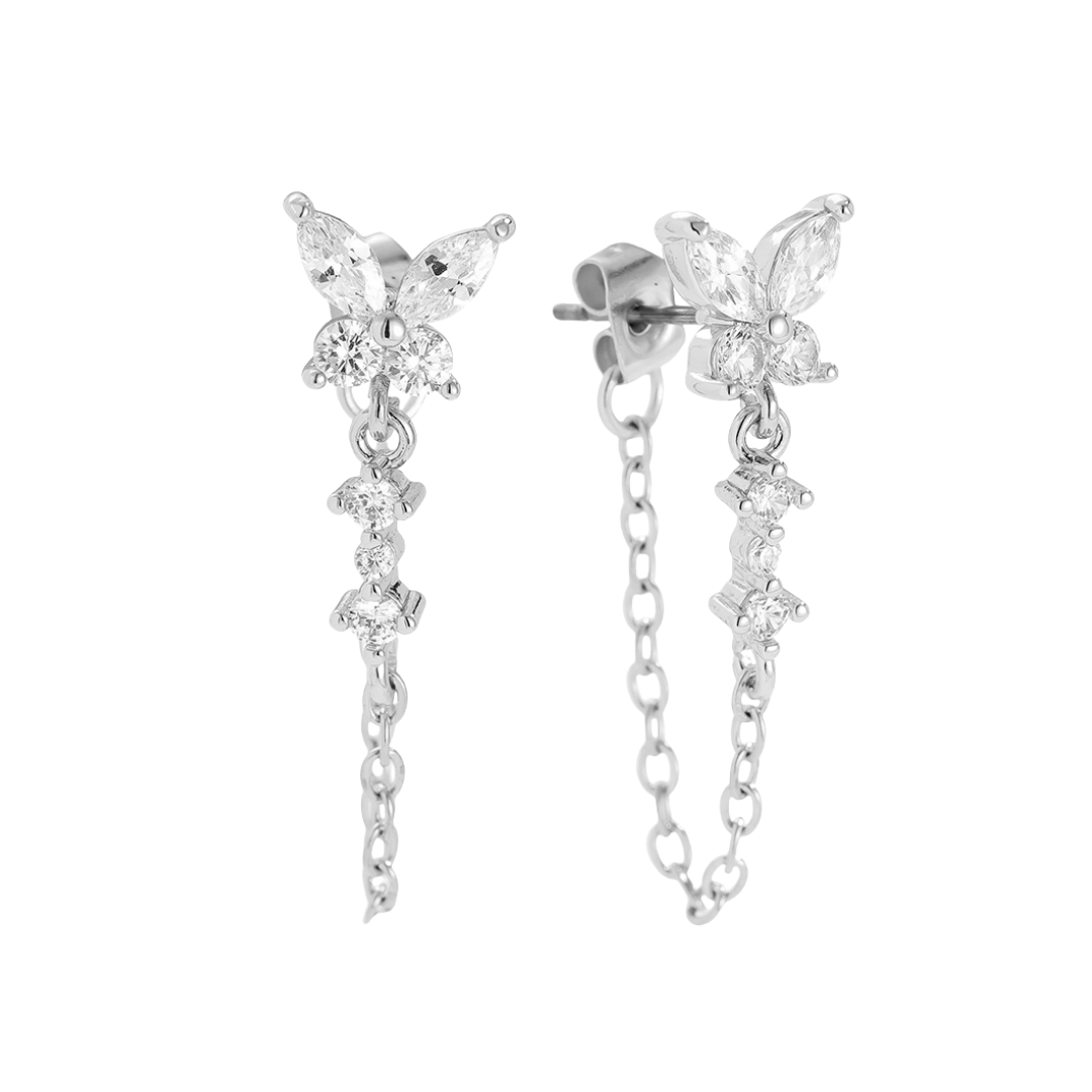 Oorbellen butterfly chain wit
